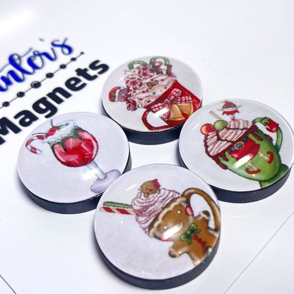 Set of 4 Handcrafted Glass Christmas Coffee Magnets Collection 4 - Refrigerator - Picture 2 of 3